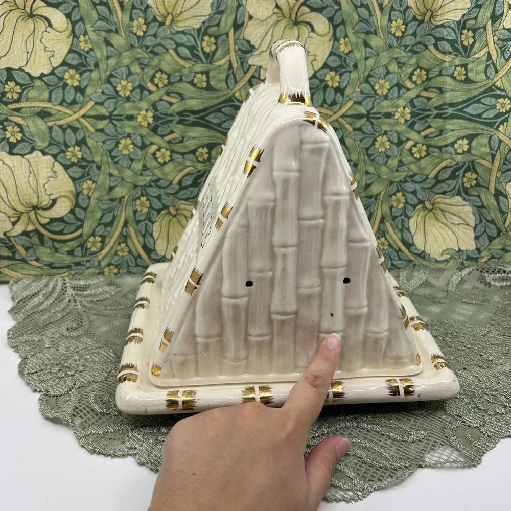 Vintage Cheese Keeper Block Triangle Ceramic Covered Vented Dish Gold White
